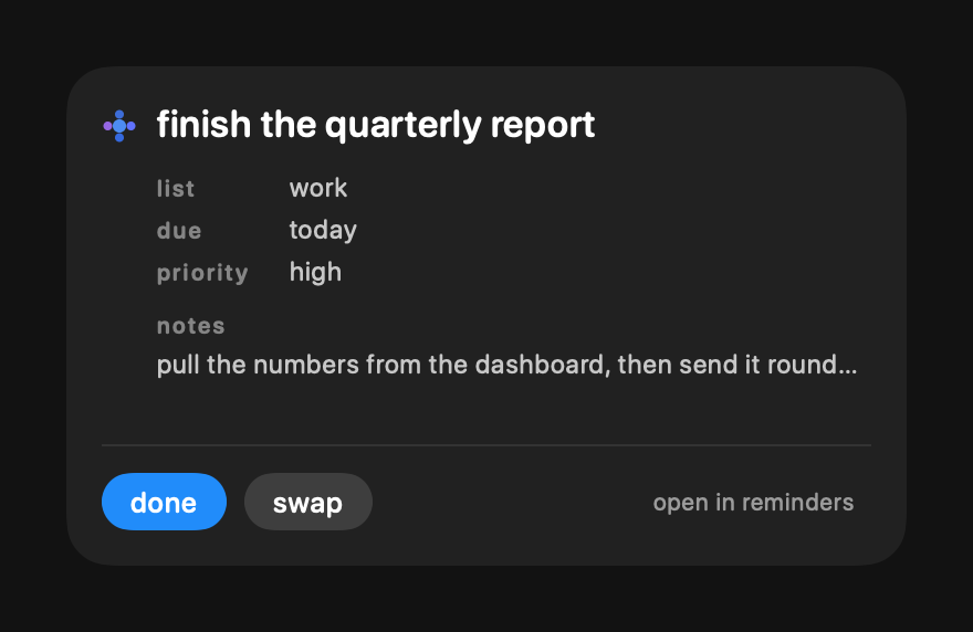 dwell’s task details, showing the list, due date, priority, notes, and done button