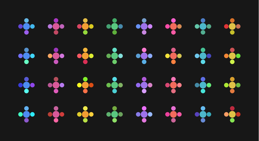 32 distinct five-dot reminder flowers, grouped by eight list colours